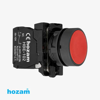 Hozam HBE-102 22mm Red Momentary Push Button Switch with 1NC Contact Block | Industrial Control Panel Push Button | 10A