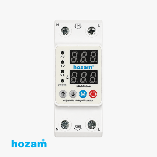 HOZAM HM-DP80-VA Digital Volt & Amp Protector | Adjustable Over Voltage, Under Voltage & Over Current Protection | Dual LED Display | DIN Rail Mount | 80A
