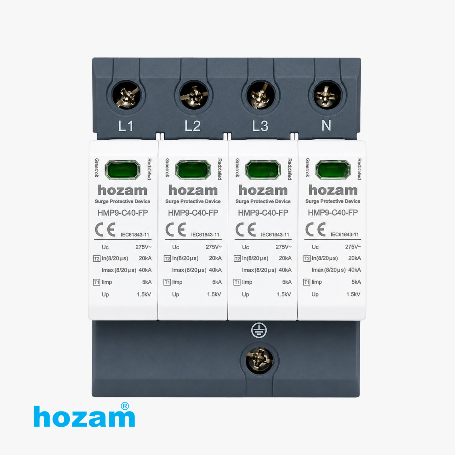 HOZAM HMP9-C40-FP 4P Type 2 Surge Protective Device (SPD) | 40kA | 275V AC | 3 Phase + Neutral Lightning & Surge Protection | DIN Rail Mount