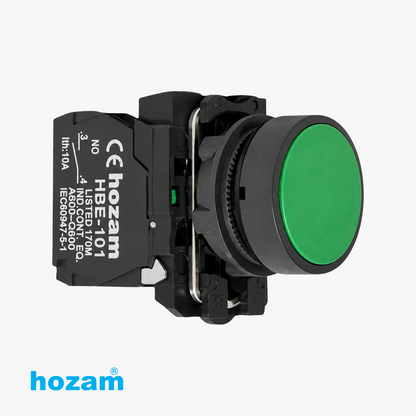 Hozam 22mm Green Flush Push Button Switch 1NO Momentary Industrial Control Push Button, 10A, Panel Mount