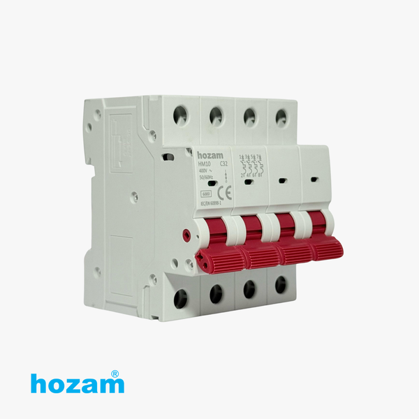 Hozam HM10 4 Pole C32 Miniature Circuit Breaker (MCB) – 400V AC | 6kA Protection | DIN Rail Mount