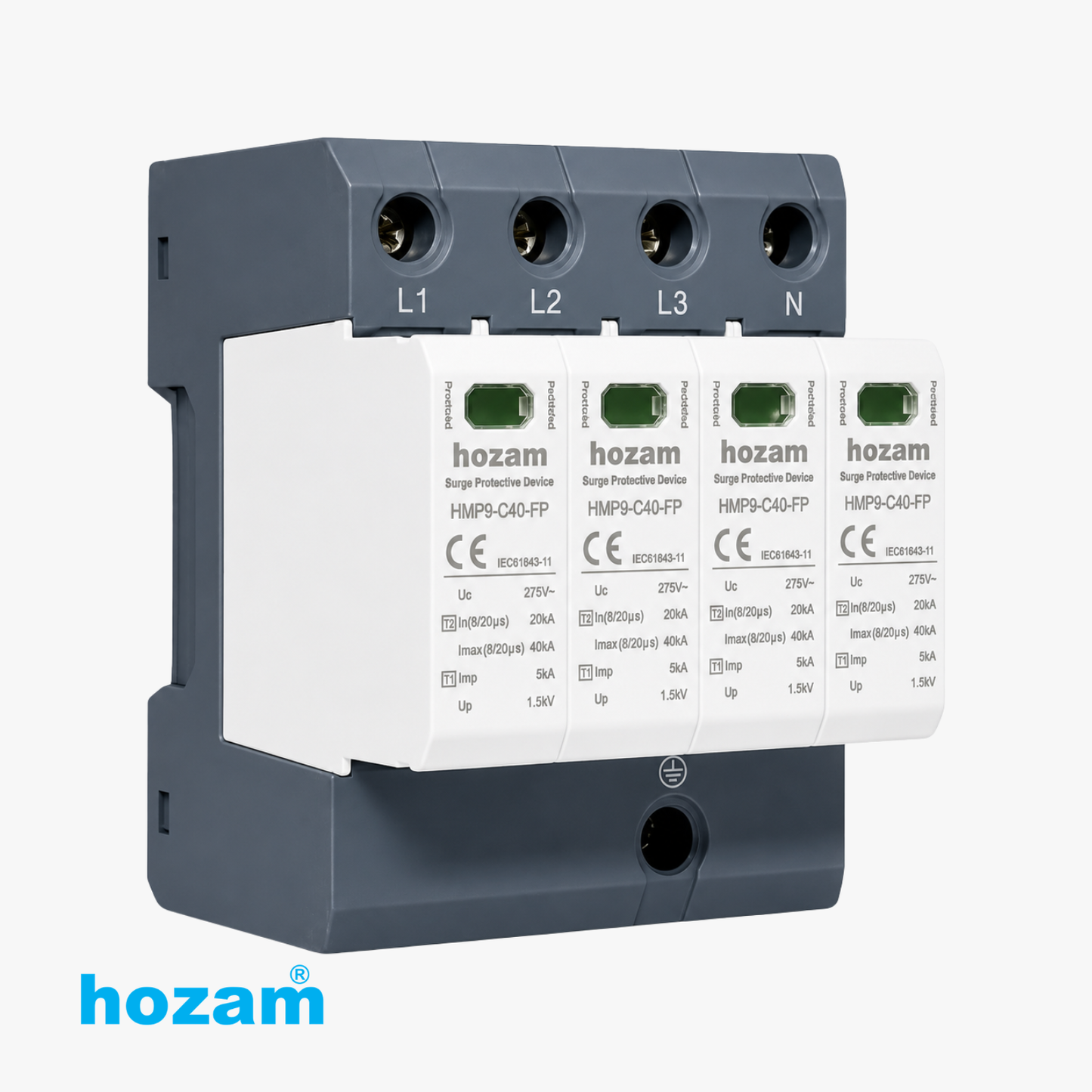 HOZAM HMP9-C40-FP 4P Type 2 Surge Protective Device (SPD) | 40kA | 275V AC | 3 Phase + Neutral Lightning & Surge Protection | DIN Rail Mount