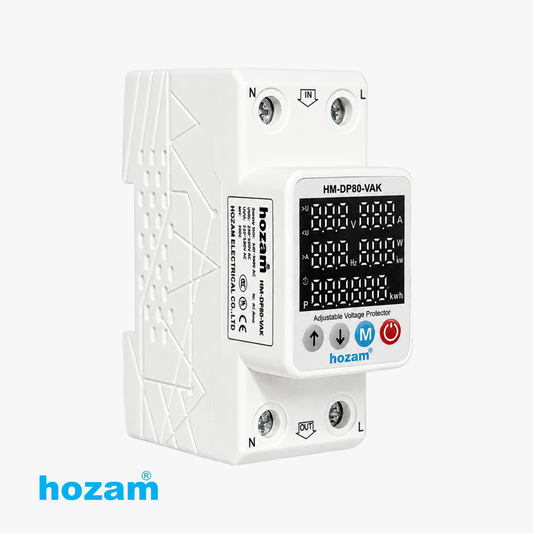 HOZAM HM-DP80-VAK Adjustable Digital Voltage Protector with Power Meter | Over & Under Voltage Protection | Voltage, Current, Power, Frequency & Energy Monitoring | DIN Rail Mount | 80A