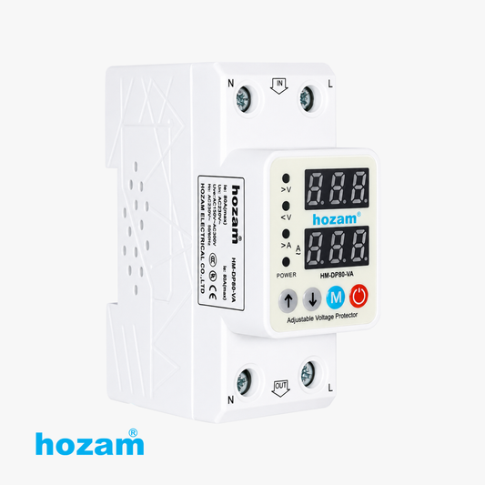 HOZAM HM-DP80-VA Digital Volt & Amp Protector | Adjustable Over Voltage, Under Voltage & Over Current Protection | Dual LED Display | DIN Rail Mount | 80A