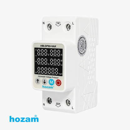 HOZAM HM-DP80-VAK Adjustable Digital Voltage Protector with Power Meter | Over & Under Voltage Protection | Voltage, Current, Power, Frequency & Energy Monitoring | DIN Rail Mount | 80A