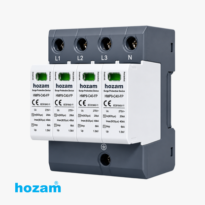 HOZAM HMP9-C40-FP 4P Type 2 Surge Protective Device (SPD) | 40kA | 275V AC | 3 Phase + Neutral Lightning & Surge Protection | DIN Rail Mount