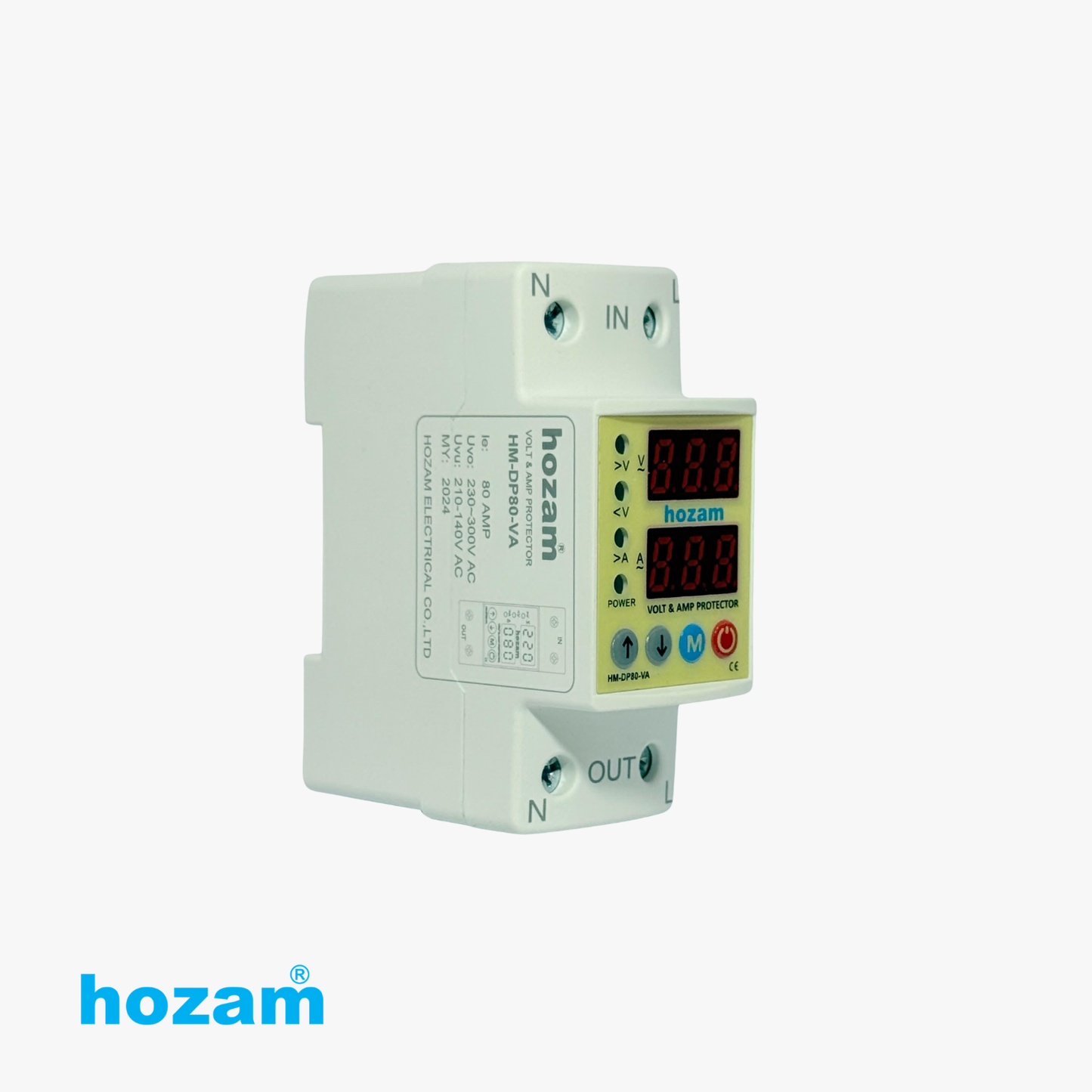 HOZAM HM-DP80-VA Digital Volt & Amp Protector | Adjustable Over Voltage, Under Voltage & Over Current Protection | Dual LED Display | DIN Rail Mount | 80A