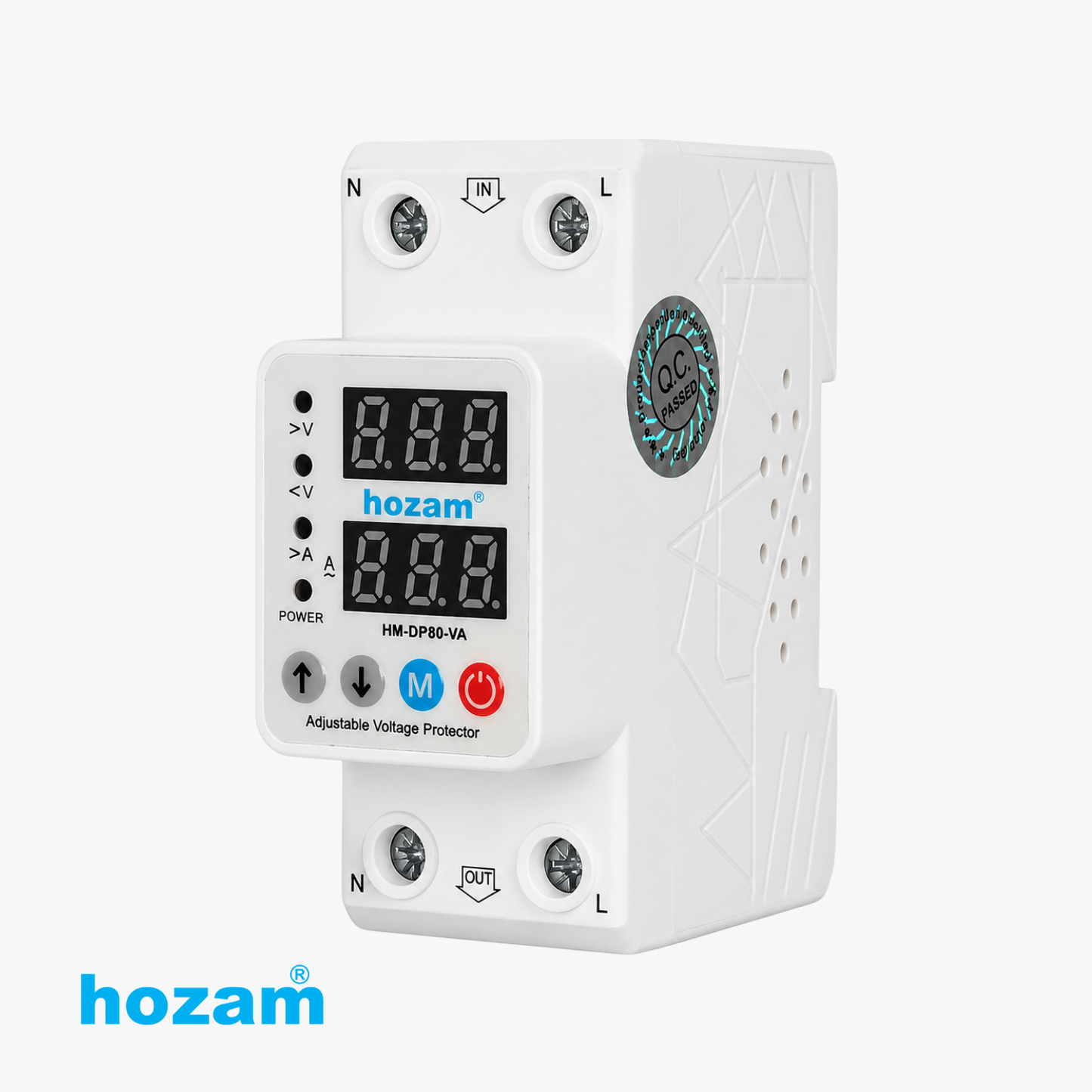 HOZAM HM-DP80-VA Digital Volt & Amp Protector | Adjustable Over Voltage, Under Voltage & Over Current Protection | Dual LED Display | DIN Rail Mount | 80A