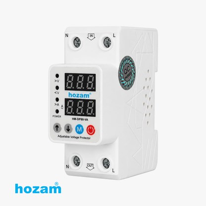 HOZAM HM-DP80-VA Digital Volt & Amp Protector | Adjustable Over Voltage, Under Voltage & Over Current Protection | Dual LED Display | DIN Rail Mount | 80A