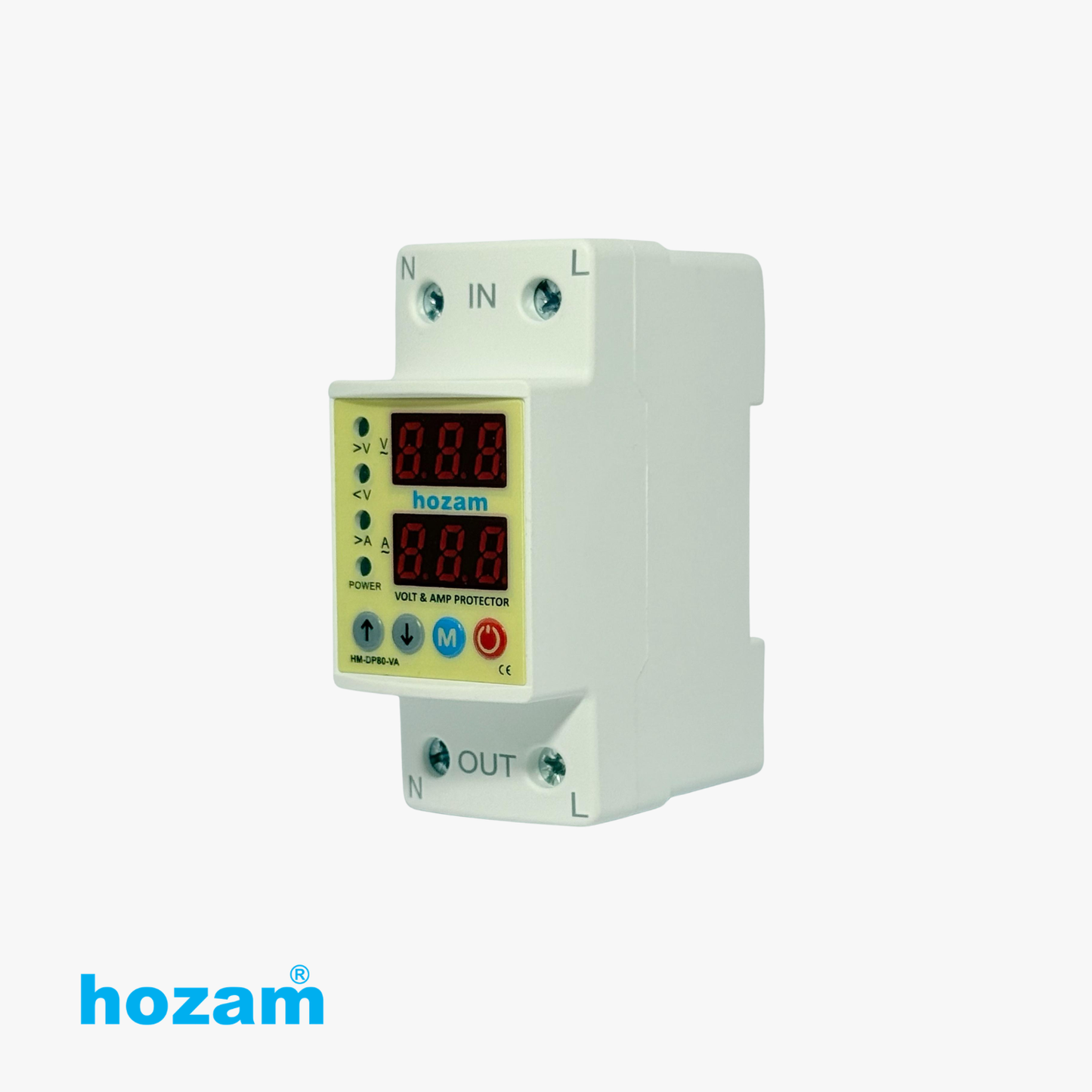 HOZAM HM-DP80-VA Digital Volt & Amp Protector | Adjustable Over Voltage, Under Voltage & Over Current Protection | Dual LED Display | DIN Rail Mount | 80A