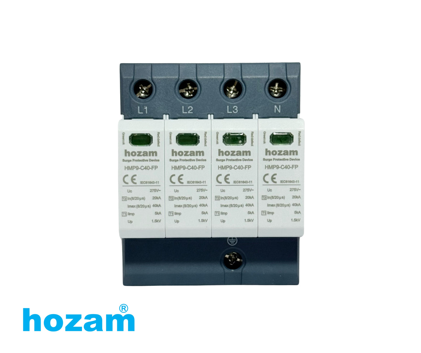 HOZAM HMP9-C40-FP 4P Type 2 Surge Protective Device (SPD) | 40kA | 275V AC | 3 Phase + Neutral Lightning & Surge Protection | DIN Rail Mount