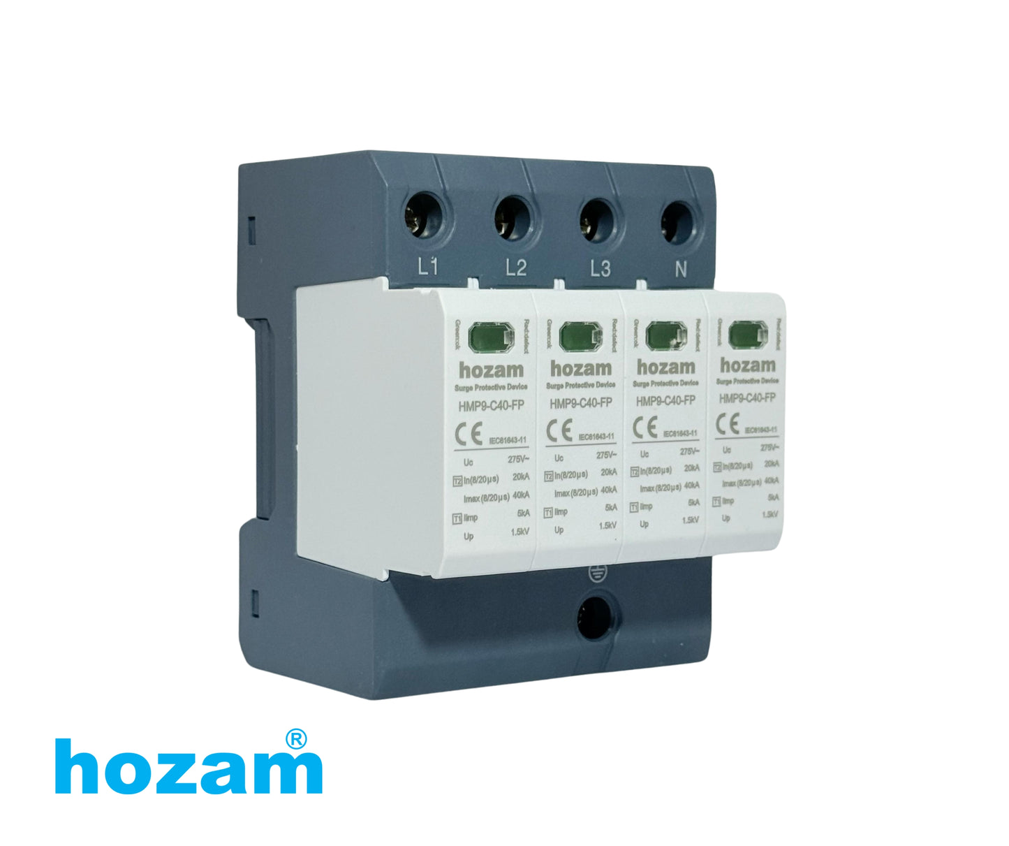 HOZAM HMP9-C40-FP 4P Type 2 Surge Protective Device (SPD) | 40kA | 275V AC | 3 Phase + Neutral Lightning & Surge Protection | DIN Rail Mount