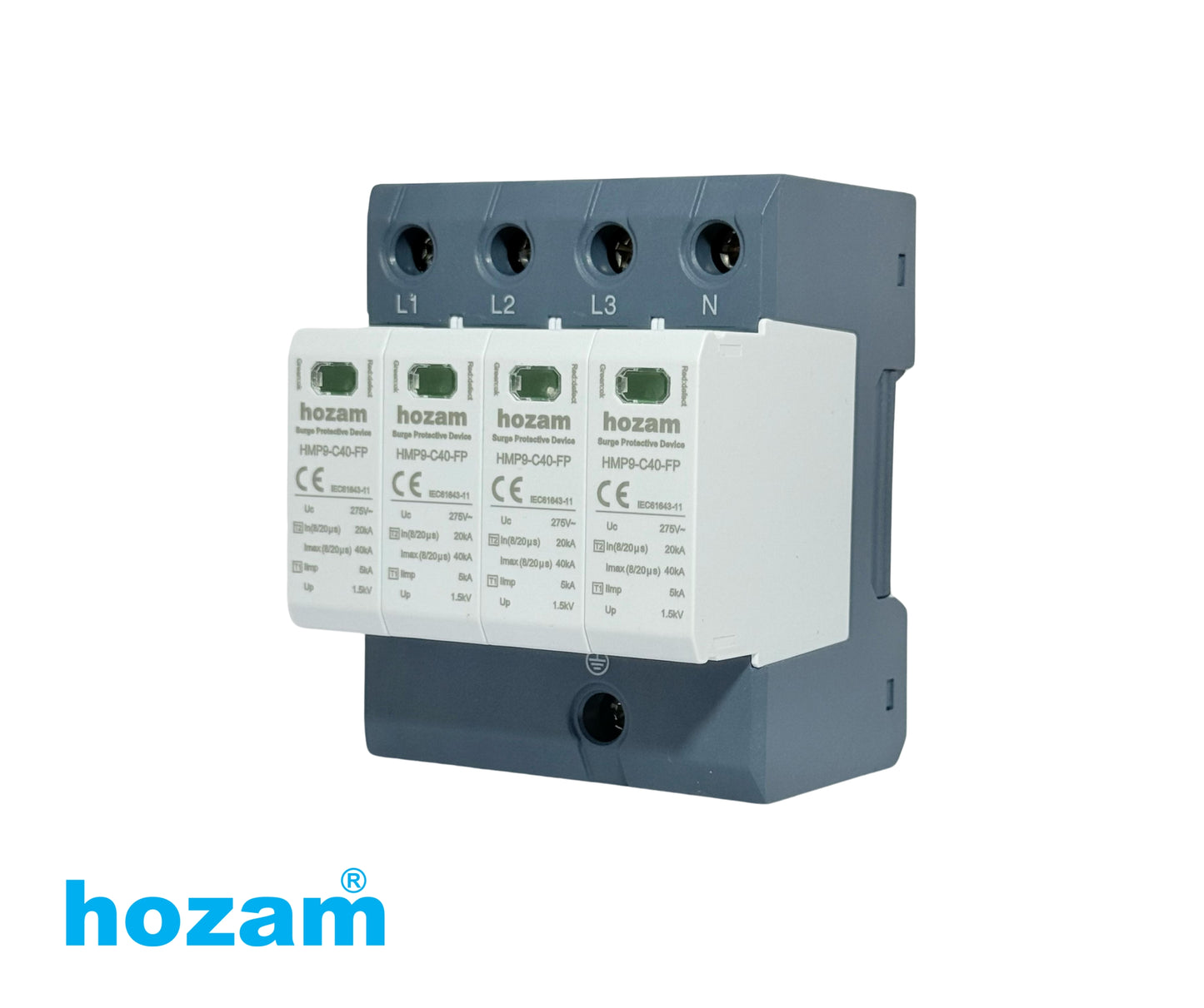 HOZAM HMP9-C40-FP 4P Type 2 Surge Protective Device (SPD) | 40kA | 275V AC | 3 Phase + Neutral Lightning & Surge Protection | DIN Rail Mount